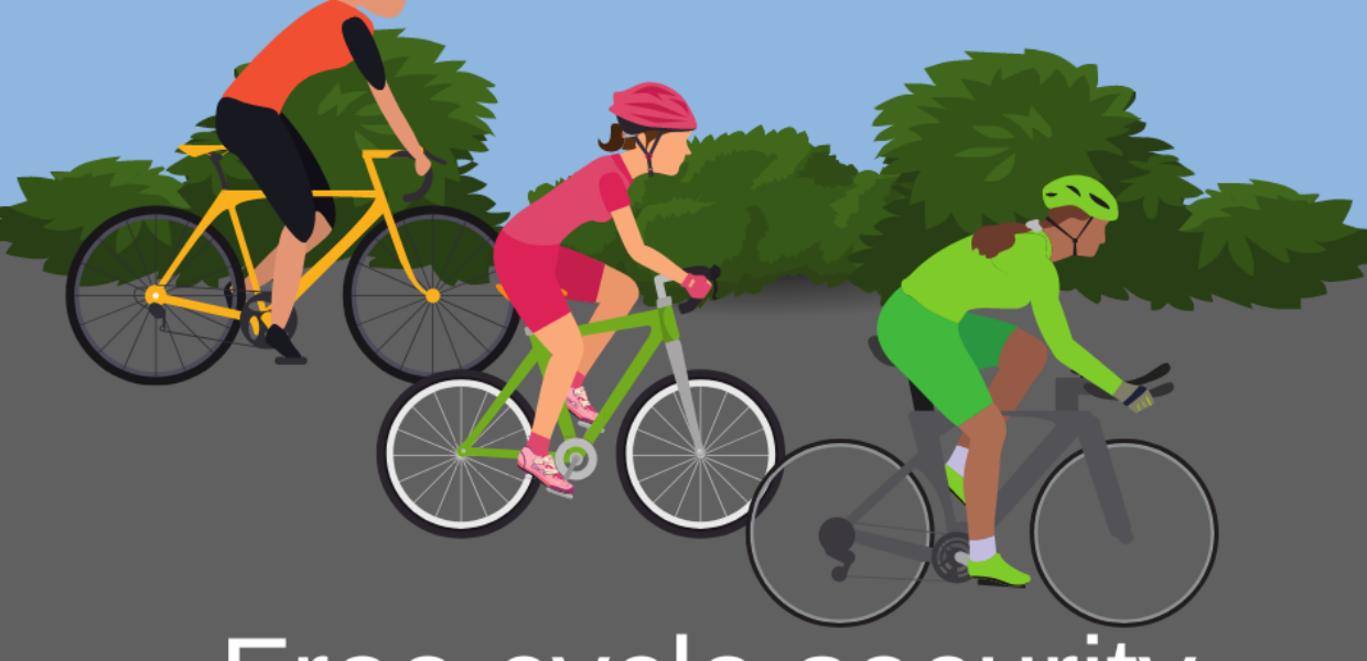 Three cyclists on a path. Text says: Free cycle security events