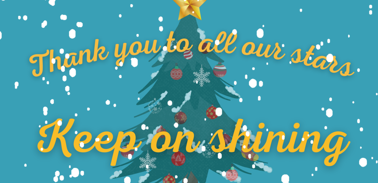 A Christmas tree, on a snowy background, with the words "Thank you to all our stars. Keep on shining"