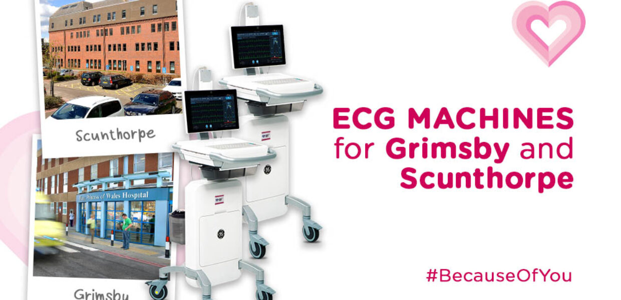 Images showing the outside of Scunthorpe and Grimsby hospitals and two ECG machines