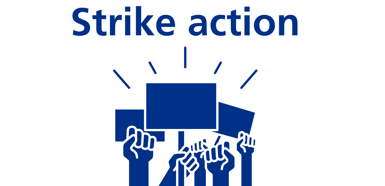 Hands holding placards with the words strike action